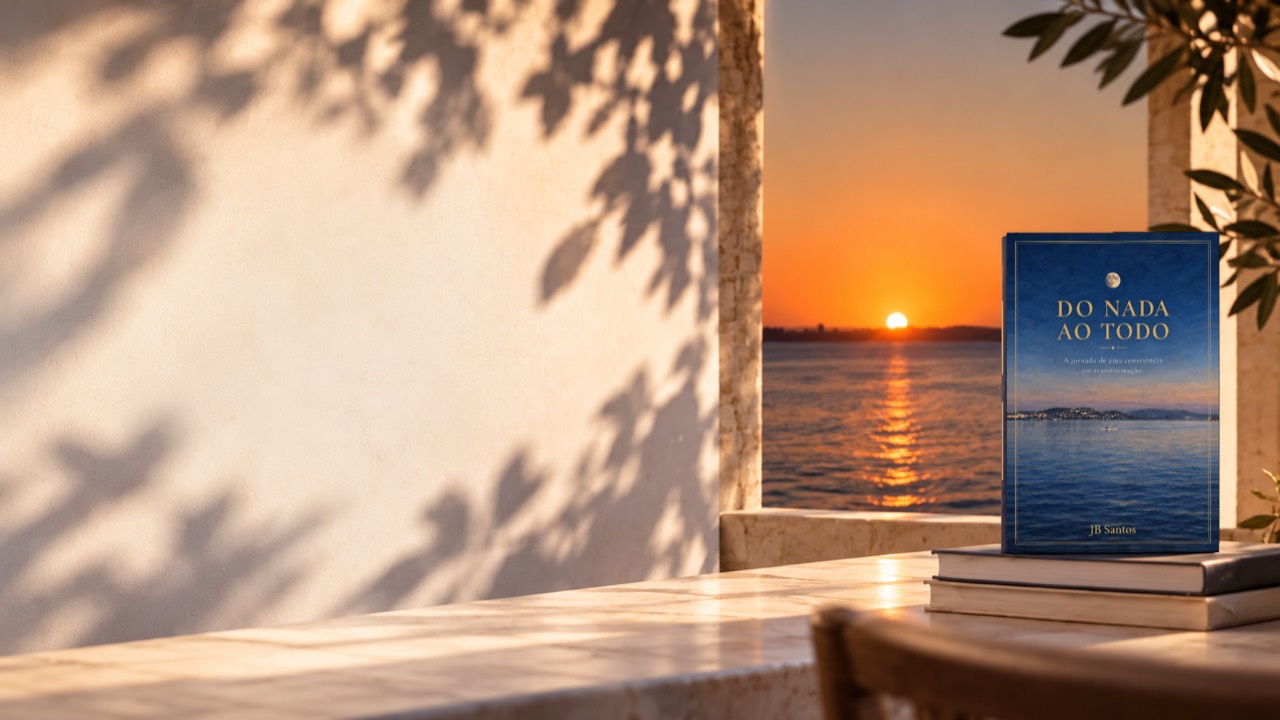 Interior claro da Casa Nerolphy com livros, lago e pôr do sol ao fundo